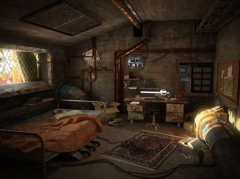 Post-Apocalyptic Room by Hrormir Post Apocalyptic Art, Post Apocalypse, Environment Design, Environment Concept Art, Zombie Apocalypse, Post Apocalyptic, Sci Fi Art, Fantasy Landscape, Writing Inspiration