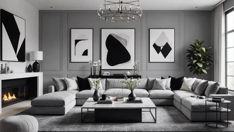 Discover how to design a modern black, white, and grey living room. Learn tips on balancing dark and light tones, incorporating geometric shapes, adding warmth and texture, and using complementary artwork. White And Grey Living Room, Black White And Grey Living Room, Kitchen Flooring Trends, Ensuite Bathroom Designs, Modern Bedroom Colors, Compact Kitchen Design, Grey Living Room, Light Colored Furniture, Home Library Design