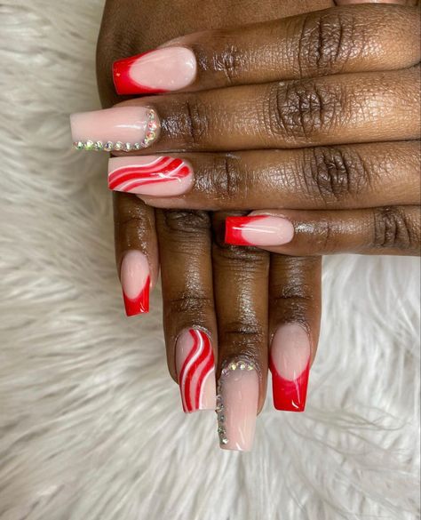 Valentines Nails Red Tips, Red And White Vday Nails, Red Valentines Day Nails Acrylic Long, Valentine’s Day Nails Red French Tip, Pink And Red Nails Valentines French Tips, Stylish Nails Designs, Nail Designs Valentines, Red Nail Designs, Xmas Nails