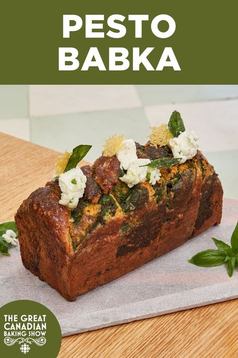 Pesto Babka | Two-time Star Baker Aimee pleases the judges with this savoury take on the babka. [The Great Canadian Baking Show season 5] Canadian Baking, Fried Basil, Parmesan Crisps, Savoury Recipes, Sweet Bread, Instant Yeast, Ricotta Cheese, Sun Dried Tomato, Savoury Food