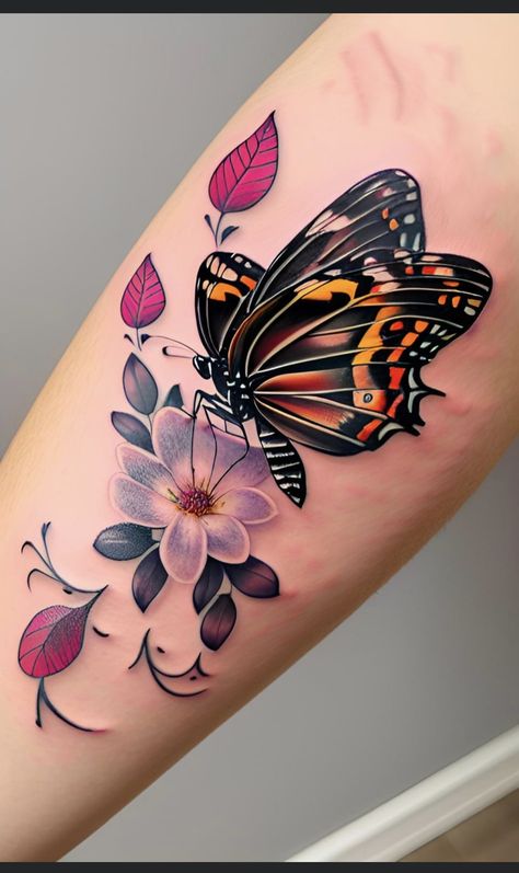 Butterfly Tattoo Designs For Women Arm, Butterfly With Flowers Tattoo For Women, Creative Butterfly Tattoo, Butterfly Tattoo With Flowers, Butterfly Tattoo Designs For Women, Butterfly Tattoo Ideas For Women, Borboleta Tattoo, Colorful Butterfly Tattoo, Around Arm Tattoo