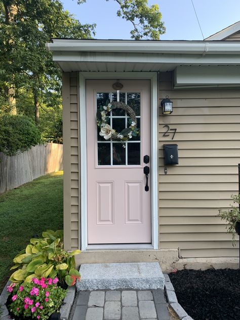 Sherman Williams Pink Shadow Pink Front Door Tan House, Front Door With Tan Siding, Pink Shadow Sherwin Williams, Tan Houses, Tan Siding, Pink Doors, Sherman Williams, Best Front Door Colors, Blue Siding