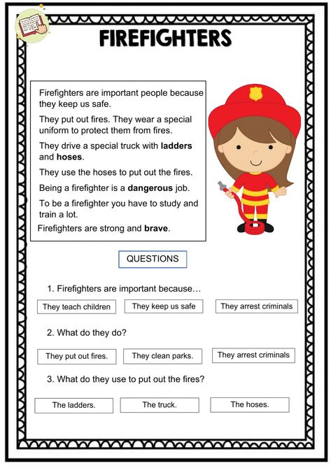 Jobs Reading Comprehension, Firefighter Worksheet, Reading Comprehension Worksheets Grade 1, Community Helpers Worksheets, Improve Reading Comprehension, Reading Comprehension For Kids, Reading Comprehension Kindergarten, Cvc Words Kindergarten, Reading Comprehension Lessons