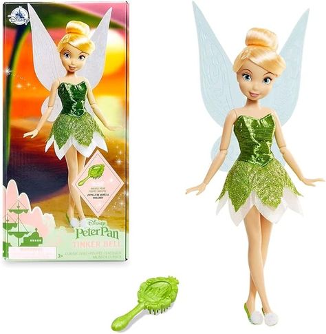 Amazon.com: Disney Store Official Tinkerbell Classic Doll for Kids, Peter Pan, 10 Inches, Includes Brush with Molded Details, Fully Posable Toy in Glittery Dress - Suitable for Ages 3+ Toy Figure : Disney: Toys & Games Tinkerbell Doll, Glittery Dress, Pixie Hollow, Princess Toys, Walt Disney Animation, Disney Fairies, Disney Dolls, Princess Dolls, Tinker Bell