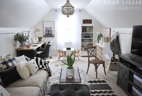 Bonus Room Decorating, Neutral Family Room, Bonus Room Office, Attic Design Ideas, Bonus Room Design, Room Above Garage, Dear Lillie, Attic Design, Attic Bedrooms