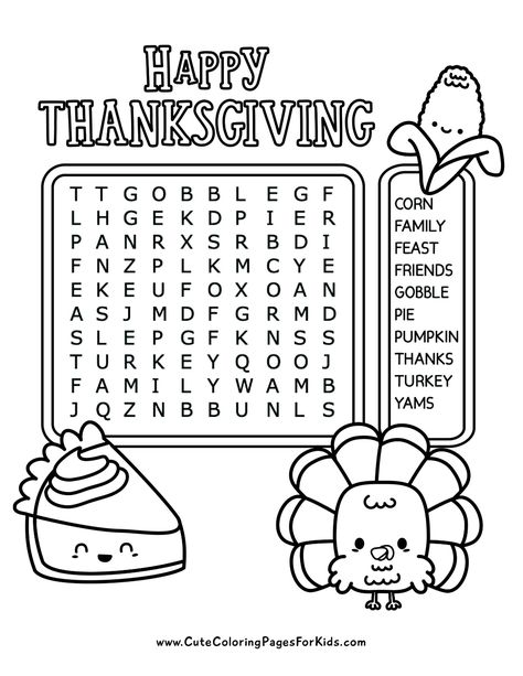 Thanksgiving Word Search - Cute Coloring Pages For Kids Kindergarten Word Search Free Printable, November Homeschool Activities, Thanksgiving Activity Pages, Fall Activity Sheets For Kids, November Homeschool Ideas, Wordsearches For Kids Free Printable, Kids Word Search Free Printable, November Word Search, Thanksgiving Word Search Free Printable