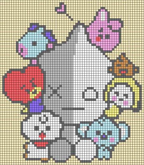 Alpha pattern #55147 | BraceletBook Bt21 Pixel Art Grid, Kpop Cross Stitch Pattern, Bt21 Cross Stitch Pattern, Kpop Grid Pattern, People Pixel Art, Bts Alpha Pattern, Bts Cross Stitch Patterns, Kpop Cross Stitch, Bts Pixel Art