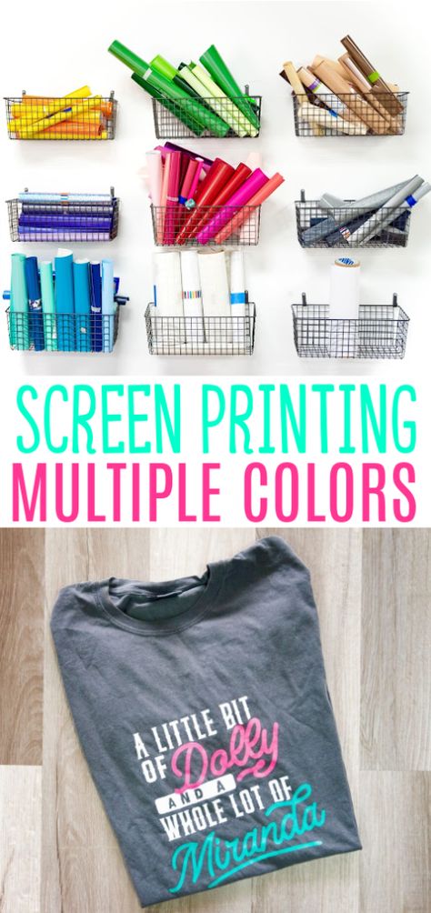 Have you tried screen printing with your Cricut machine? We love this craft technique, but single color screen printing can be limiting at times. That’s why we’re so excited to share this technique for screen printing multiple colors.We’ll take you through a step-by-step Cricut screen printing tutorial using more than one color. It can seem intimidating if you’re a Cricut beginner, but we’ll teach you everything you need to know to make successful screen printing projects every time. 2 Color Screen Print Design, Screen Printing With Cricut T Shirts, Screen Printing With Multiple Colors, Screen Printing 2 Colors, Screen Print Multiple Colors, How To Make Screen Print Transfers, Tshirt Screen Printing Ideas, Screen Printing For Beginners, How To Screen Print With Cricut