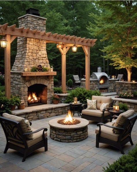 Outdoor Fireplace Landscaping, Back Porch With Fire Pit, Exterior Fireplace Ideas, Backyard Brick Patio Ideas, Back Patio Fireplace, Outdoor Patio With Fireplace, Back Porch With Fireplace, Outdoor Fireplace Ideas Backyards, Outdoor Brick Fireplace