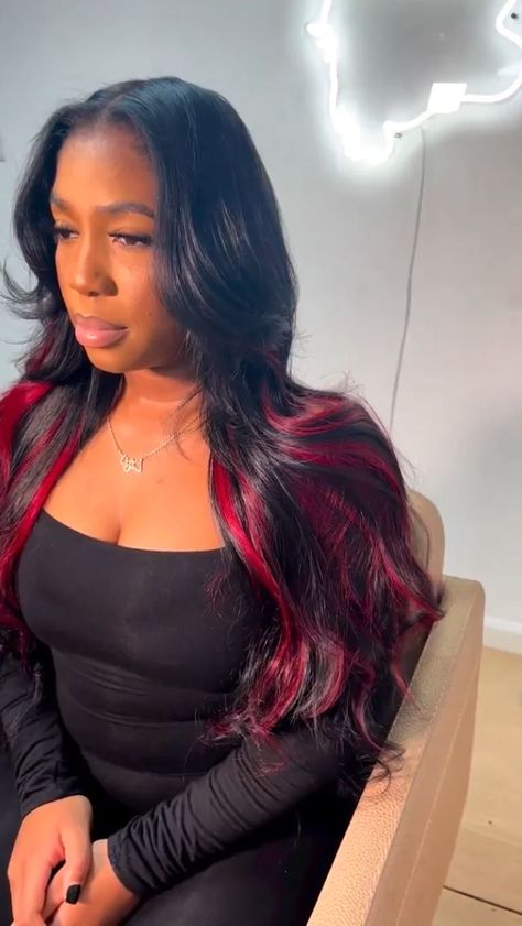 Peekaboo Hair Color Quick Weave, Red Highlights Sew In, Red Highlights Quick Weave, Black Sew In With Red Highlights, Quick Weave With Red Highlights, Black And Red Quick Weave, Red Highlights On Dark Hair Black Women, Red And Black Sew In, Black Hair Quick Weave