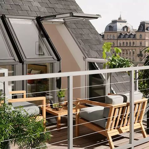 Velux Balcony, Roof Balcony, Dormer Roof, Roof Windows, Attic Bedroom Designs, Dormer Windows, Roof Window, Contemporary Cottage, Attic Bedroom