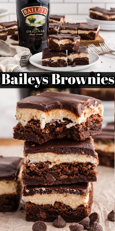 Baileys Brownies are dense and moist with boozy flavor. The layers of brownie, buttercream, and ganache make these brownies oh so addictive! Boozy Brownies, Baileys Brownies, Bailey Brownies, Irish Cream Frosting, Baileys Recipes, Boozy Desserts, Layered Desserts, Brownie Ingredients, Baileys Irish Cream