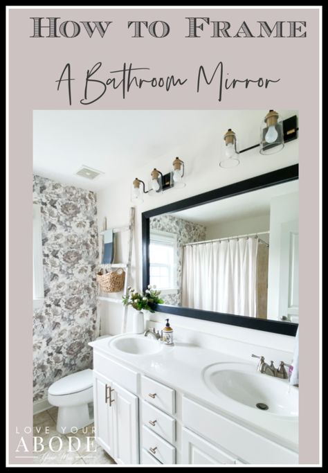 Frame Over Mirror Bathroom, Frame Existing Bathroom Mirror, Diy Frame Around Bathroom Mirror, Border Around Mirror Bathroom, Framing A Mirror Bathroom, Adding Frame To Bathroom Mirror, Frame Bathroom Mirror With Clips, How To Frame A Mirror Diy, Bathroom Mirror Trim Ideas