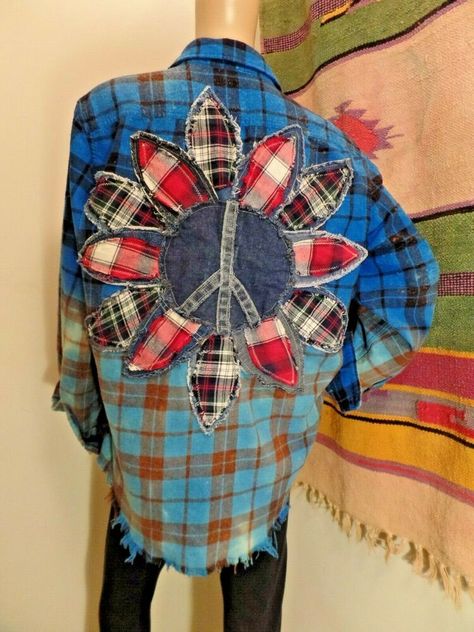 Denim Shirt Diy Upcycle, Decorated Flannel Shirts, Upcycle Shirts Women Diy, Repurposed Flannel Shirt Ideas, Upcycle Flannel Shirt Ideas, Altered Clothing Upcycling, How To Bleach A Flannel Shirt Diy, Upcycled Flannel Shirts Ideas, Bleach Flannel Shirt Diy