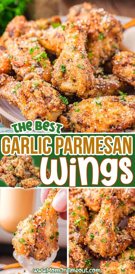 These flavorful Garlic Parmesan Wings are crispy on the outside, juicy on the inside and coated with a heavenly blend of garlic and Parmesan cheese. An absolute must for game day, these tasty wings make a great weeknight dinner too! Your friends and family will be fighting over the last one – so good | MomOnTimeout.com Best Garlic Parmesan Wings, Parmesan Wings, Weeknight Chicken, Garlic Parmesan Wings, Simple Appetizer, Parmesan Chicken Wings, Garlic Parmesan Chicken Wings, Garlic Parmesan Chicken, Baked Garlic