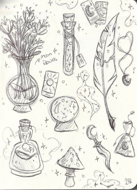 Simple Pen Sketches, Dreamy Sketches, Drawings Aesthetic Ideas, Random Objects To Draw, Vintage Drawing Ideas, Fantasy Doodles, Witch Sketch, Hell Tattoo, Larp Props