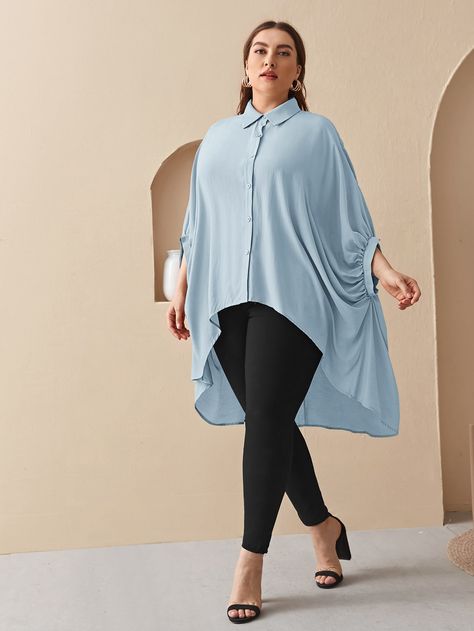 Dip Hem Blouse, Plain Tunic, Batwing Blouse, Short African Dresses, Fall Plus Size, Hem Blouse, Stylish Dress Book, Blue Outfit, Abaya Fashion