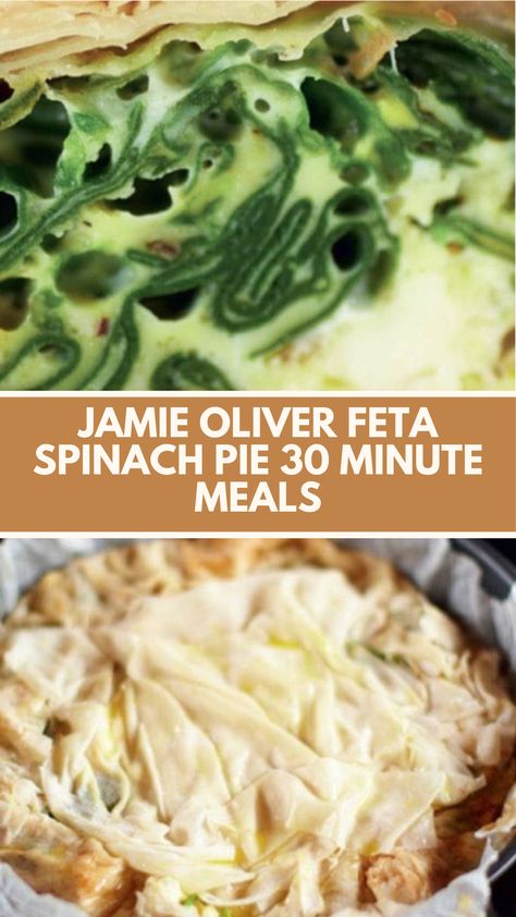 Jamie Oliver’s Feta Spinach Pie is made with pine nuts, eggs, feta cheese, Cheddar cheese, dried oregano, lemon, butter, baby spinach, filo pastry, cayenne pepper, nutmeg, olive oil, and seasoning. This delicious Feta Spinach Pie recipe creates a tasty and satisfying dinner that takes about 30 minutes to prepare and can serve up to 4 people.

This Feta Spinach Pie Recipe Is From 30 Minutes Meals Cookbook By Jamie Oliver. Jamie Oliver Cooking For Less Recipes, Jamie Oliver Recipes 15 Minute Meals, Jamie Oliver Recipes 5 Ingredients, Spinach Filo, Jamie Oliver 30 Minute Meals, Eggs Feta, Baby Spinach Recipes, Cheese Cheddar, Spinach Pie