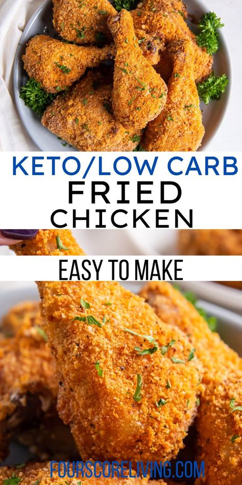 Crispy, flavorful Keto Fried Chicken, breaded with almond flour and crushed pork rinds is a delicious and satisfying low carb dish. Keto Fried Chicken With Pork Rinds, Carnivore Fried Chicken, Pork Rind Fried Chicken, Breaded Chicken Thighs, Low Carb Fried Chicken, Chicken Breaded, Fried Chicken Thigh Recipes, Shake N Bake Chicken, Fried Chicken Legs