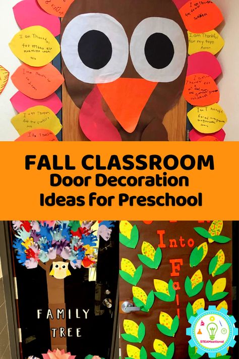 Fall Decorating Door Ideas School, Fall Into Learning Classroom Door, Fall School Door Ideas, Thanksgiving Classroom Door Decor, Harvest Door Decorations Classroom, Thankful Classroom Door Ideas, Classroom Door November, Holloween Decore Idea For Classroom, Thanksgiving Door Decorations Preschool