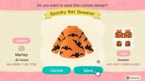 Acnh Halloween Code, Acnh Spooky, Bat Sweater, Acnh Halloween, Animal Crossing Funny, Animal Crossing Memes, Acnh Design, Puppet Patterns, New Animal Crossing