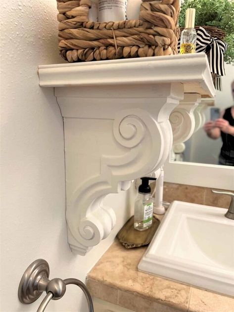 By Renae FreyThis shelf is simple, easy to build and affordable. All it takes are some wood, some corbels and you Corbels Shelf Entryway, Floating Shelf With Corbels, Corbel Shelf Decor, Diy Farmhouse Floating Shelves, Corbel Shelf Diy, Diy Shelf With Corbels, Corbel Shelf Ideas, Shelves With Corbels, Diy Mantle Shelf