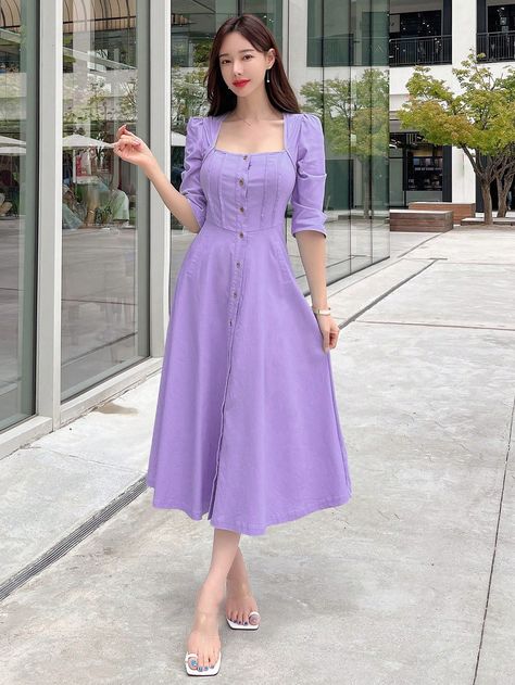 Lilac Purple Casual Collar Half Sleeve Woven Fabric Plain A Line Embellished Non-Stretch Spring/Summer Women Clothing Wardrobe Makeover, Uniform Dress, Purple Outfits, Square Neck Dress, Lilac Dress, Puffed Sleeves Dress, Dress Pant, Outfits Casuales, Dress P