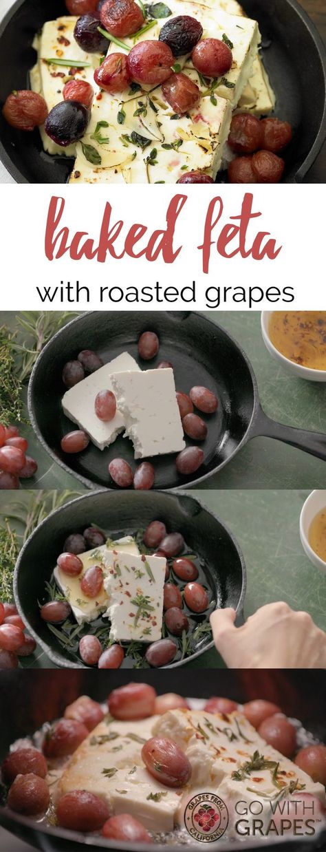 Sophisticated, yet easy to prepare, this no-fuss appetizer featuring Grapes from California and feta cheese will impress guests.  Go with grapes Hopscotch Ideas, Christmas Munchies, Baked Feta Cheese, California Recipes, Entertaining Snacks, Roasted Grapes, Vegetarian Christmas, Baked Feta, Grape Recipes