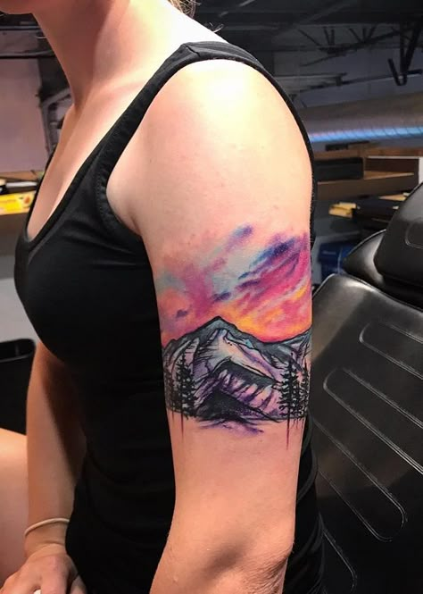 Landscape Tattoo Ideas, Watercolor Mountains Tattoo, Northern Lights Tattoo, Moutain Tattoos, Wilderness Tattoo, Neat Tattoos, Mountains Tattoo, Mountain Tattoos, Space Tattoos