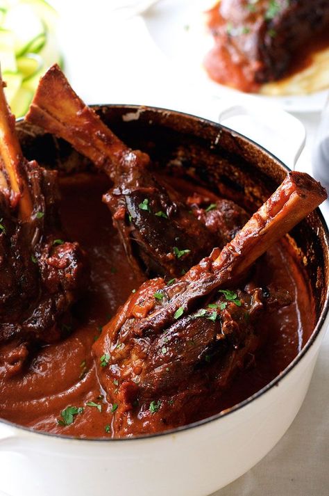 Slow Cooked Lamb Shanks in Red Wine Sauce - a classic recipe, meltingly tender meat and a rich red wine based gravy. Easy to make! Slow Cooked Lamb Shanks, Lamb Shank Recipe, Slow Cooker Lamb, Lamb Shank, New Years Eve Dinner, Plum Sauce, Slow Cooked Lamb, Red Wine Sauce, Lamb Dishes