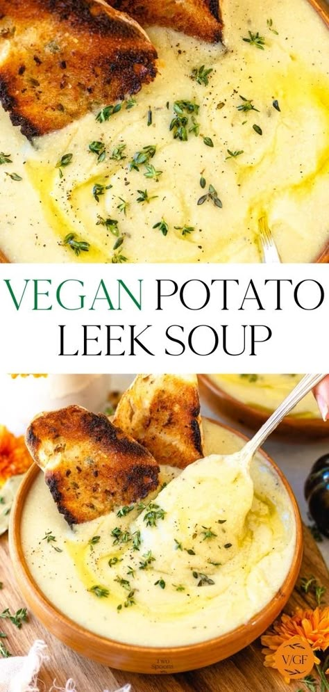 Slow Cooker Tikka Masala, Ella Vegan, Vegan Potato Leek Soup, Leeks Soup Recipes, Pudding Chia, Potato Leek, Potato Leek Soup, Vegan Soup Recipes, Vegan Potato