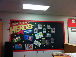 "Here's To Our Heroes" bulletin board- celebrate everyday heroes Hero Bulletin Board, Superhero School Theme, Hero Classroom Theme, Book Bulletin Board, Superhero School, Superhero Books, Superhero Classroom Theme, Library Themes, Superhero Classroom