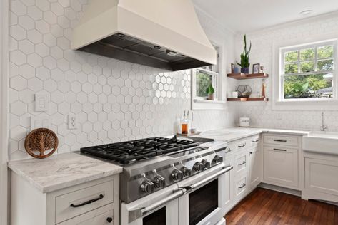 White Hexagon Kitchen Backsplash | Fireclay Tile Hexagonal Backsplash, Hexagon Backsplash Kitchen, White Hexagon Backsplash, Kitchen Countertops White Cabinets, Backsplash Ideas White Cabinets, Hexagon Kitchen Backsplash, Kitchen Backsplash Ideas White Cabinets, Green Board And Batten, Hexagon Kitchen