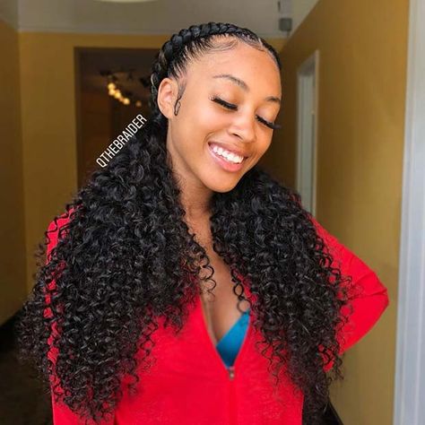 2 Feed In Braids With Weave Ponytail, Cornrow Curly Ponytail, 2 Braids With Curls At The End, 2 Braids With Curly Ends, Feed In Braids With Curly Ends, 2 Cornrow Braids With Weave, 2 Feed In Braids With Curly Ends, Two Feed In Braids With Curly Ends, 2 Braids With Curly Hair In The Back