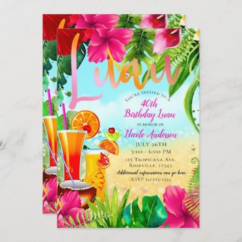 Tropical Drinks & Flowers Summer Birthday Party for $3.13 - Birthday Invitations Tiki Pool, Beach Leaves, Summer Birthday Themes, Summer Birthday Party Invitations, Tropical Birthday Invitations, Luau Party Invitations, Summer Birthday Invitations, 13th Birthday Invitations, Tropical Birthday Party