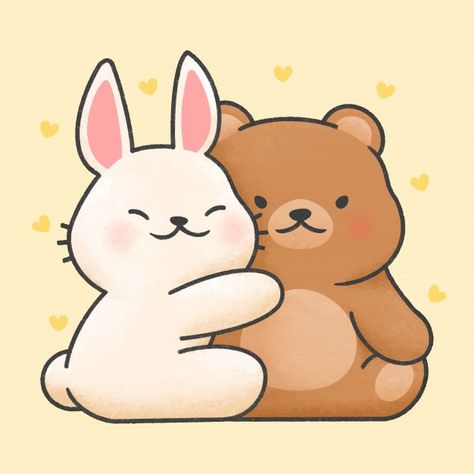 Cute rabbit and bear couple cartoon hand... | Premium Vector #Freepik #vector #baby #heart #love #hand Two Bears Hugging Cartoon, Couple Cartoon Characters, Bear And Rabbit, Giraffe Cartoon, Baby Boy Background, Two Animals, Teddy Bear Cartoon, Teddy Bear Hug, Bear Couple