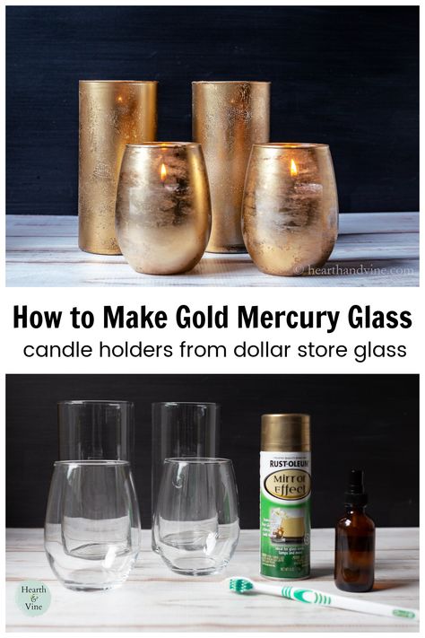 Gold Mercury Glass Candle Holders, Spray Painting Glass, Painted Glass Candle Holders, Gold Jars, Mercury Glass Diy, Mercury Glass Candle Holders, Mercury Glass Candles, Mercury Glass Vase, Painting Candle Holders