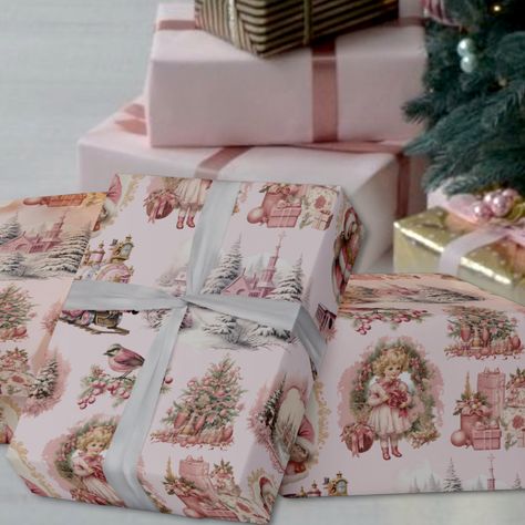 Victorian Christmas Presents, Pink Wrapping Paper Christmas, Pink Victorian Christmas, Pink Christmas Wrapping Paper, Future Christmas, Ballerina Christmas, Charles Dickens Christmas, Christmas Glam, Dickens Christmas