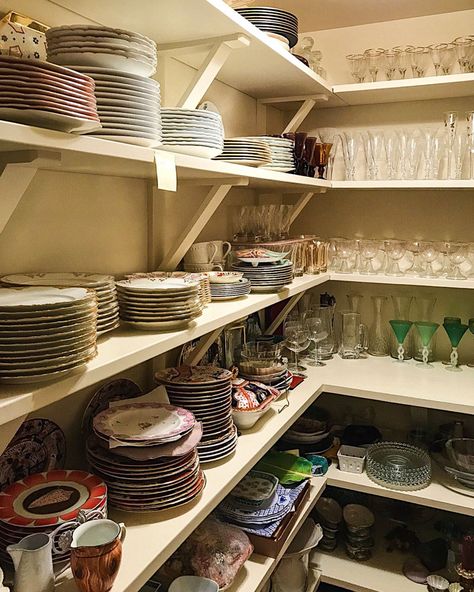 China Closet Ideas, China Storage Ideas, Dinnerware Storage Ideas, Hosting Closet, Dish Closet, Dish Pantry, Party Supply Organization, Dish Room, Laundry Pantry