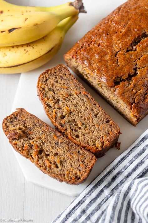 Easy Carrot and Banana Cake (So Moist!) - Wholesome Patisserie Carrot Bread Recipe Healthy, Carrot Banana Bread, Banana Carrot Bread, Carrot Bread Recipe, Carrot Cake Bread, Carrot Banana Cake, Carrot Cake Recipe Easy, Carrot Bread, Healthy Cakes