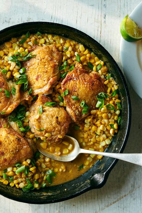 One-Pan Chicken Thighs With Coconut Creamed Corn Recipe - NYT Cooking Crisp Gnocchi, Nyt Recipes, Ginger Recipe, Olive Sauce, Creamed Corn Recipes, Cream Corn, Dinners Recipes, Corn Recipe, One Pan Chicken