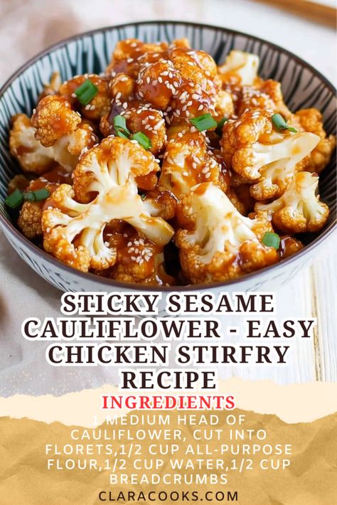 Sticky Sesame Cauliflower - Easy Chicken Stirfry Recipe Chicken Cauliflower Stir Fry, Cauliflower Stir Fry Recipes, Sesame Cauliflower, Sticky Sesame Cauliflower, Cauliflower Stir Fry, Chicken Cauliflower, Stir Fry Recipes Chicken, Easy Cauliflower, Vegetarian Thanksgiving