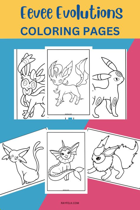 Eevee Evolutions, Eevee, Jolteon, Leafeon, Sylveon, Umbreon, Glaceon, Rayfelk Printables, Eevee Coloring Pages Pokemon Printables, Eevee Evolution, Pokemon Eevee Evolutions, Coloring Pages Free Printable, Eevee Evolutions, Pokemon Eevee, Printable Coloring Book, Pokemon Pictures, Cute Pokemon