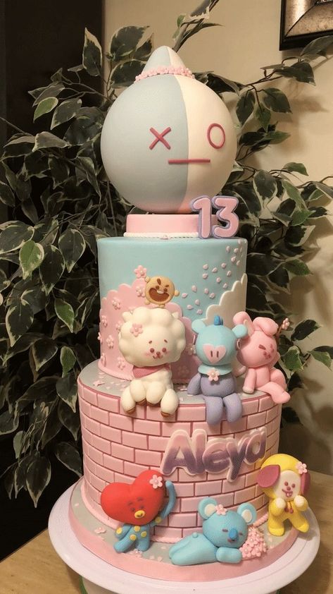 Cooky Cake Bt21, Cake Bt 21, Korean Cake Bt21, Bt21 Cake Birthday Ideas, Bt21 Birthday Cake, Anime Birthday Cake Ideas, Bts Cake Design, Kpop Birthday Cake, Bts Birthday Cake