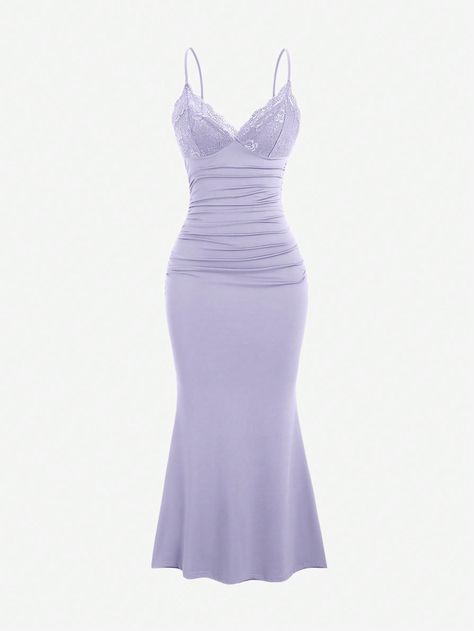 SHEIN Sweetro Elegant Solid Color Contrast Lace Mermaid Style Cami Dress, Summer Semi Formal Wedding Guest DressI discovered amazing products on SHEIN.com, come check them out! Quince Lavender, Lavender Mermaid Dress, Semi Formal Wedding Guest Dress, Lavender Party Dress, Purple Mermaid Dress, Pastel Purple Dress, Lavender Quince, Purple Party Dress, Formal Wedding Guest Dress