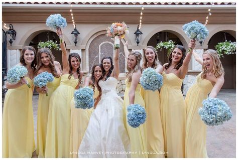 Blue and yellow wedding at Piazza in the Village - Yellow bridesmaids, yellow bridesmaid dresses, blue wedding bouquets - Mediterranean villa luxury wedding venue in Dallas/Fort Worth - DFW weddings - Texas weddings Pastel Yellow And Blue Wedding Bridesmaid Dresses, Light Blue And Yellow Wedding, Bridesmaids Yellow, Light Yellow Weddings, Bridesmaid Dresses Blue, Blue Hydrangea Bouquet, Blue Yellow Weddings, Yellow Wedding Decorations, Blue And Yellow Wedding