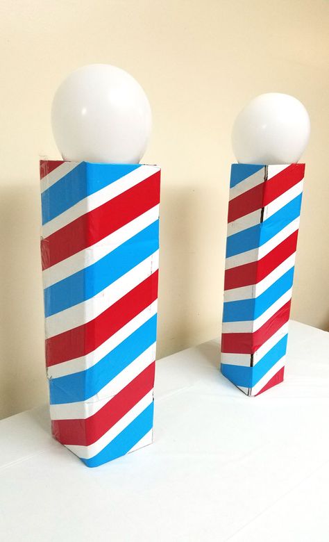 Make this barber shop pole centerpiece for you haircut party! This cool barber shop party decor idea is easy to make, mess-free, and uses recycled materials and is a great, easy upcycled cardboard box craft idea! Cool Barber Shop, Airplane Birthday Party Decorations, Barber Shop Pole, Customer Appreciation Gifts, Snail Craft, Barber Shop Quartet, Earth Craft, Airplane Birthday Party, Chalkboard Drawings