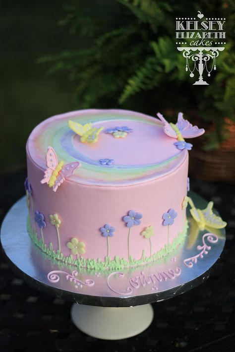 Spring Cake Designs Birthday, Flower And Butterfly Cake Ideas, Butterfly And Flower Birthday Cake, Simple Fairy Birthday Cake, Butterfly Cake Ideas Birthdays Simple, Flower Birthday Cake Kids, Birthday Cake Butterfly Theme, Butterfly Cake Kids, Spring Birthday Cakes