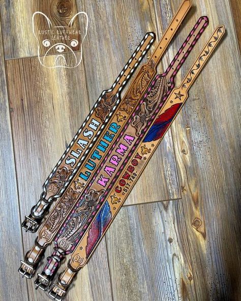 Customized Dog Stuff, Custom Leather Dog Collar, Tooled Leather Dog Collar, Tanning Business, Western Dog Collars, Belt Ideas, Handmade Leather Dog Collar, Leather Inspiration, Leather Dog Collar Custom