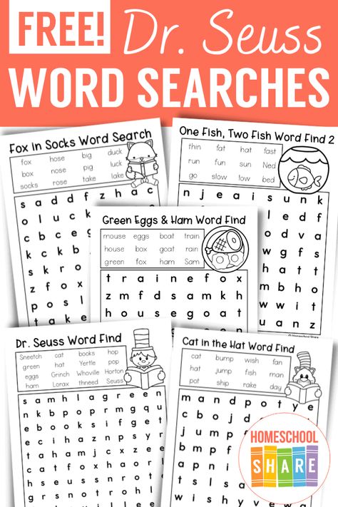 First Grade Dr Seuss Activities, Sight Words Word Search Free Printable, Dr Seuss 2nd Grade Activities, Dr Seuss First Grade, Dr Suess Activities Kindergarten, Dr Seuss Literacy Activities, One Fish Two Fish Activities, Dr Seuss Word Search, Dr Suess Activities